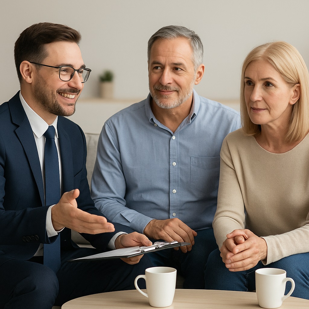 Independent Life & Medicare Insurance Brokers Serving Kalamazoo & Surrounding Areas 1 Friendly insurance agent consulting with a middle-aged couple about life and Medicare insurance options in Kalamazoo, Michigan