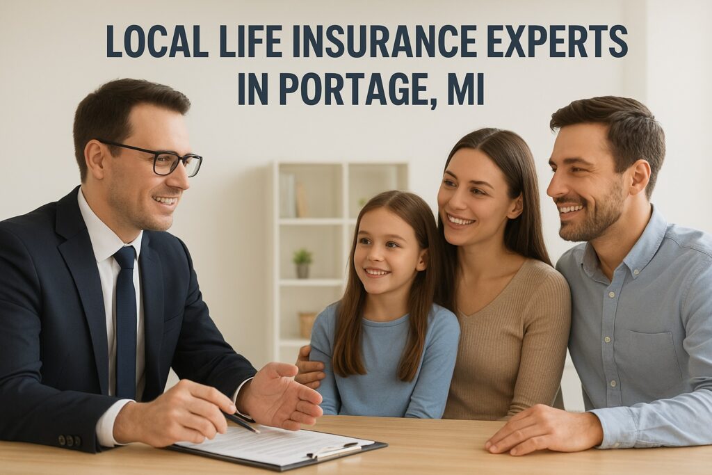 Young family speaking with a broker regarding life insurance in Portage