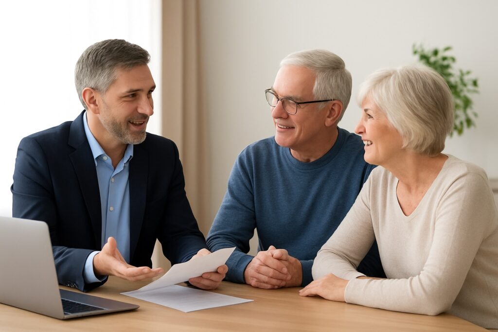 Medicare insurance consultation in Vicksburg, Michigan — local independent insurance broker helping a senior couple review Medicare Advantage, Supplement, and Part D plan options.