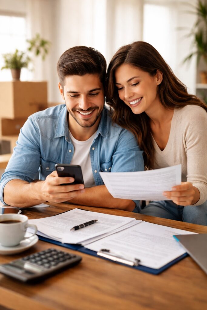 Couple signing a instant life insurance application on a cell  phone for approval