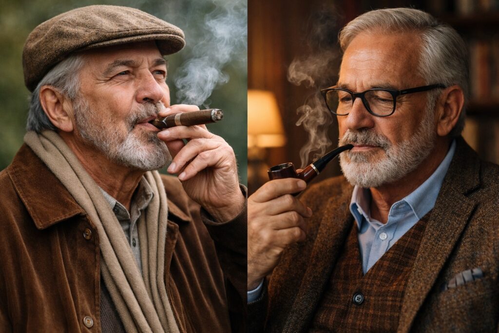 Man smoking a cigar and man smoking a pipe, representing occasional cigar and pipe use for life insurance shoppers
