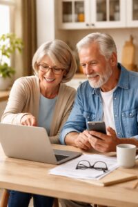 Ethos Life Insurance for Seniors: What You Need to Know 1 Senior couple researching life insurance online while comparing Ethos life insurance options for seniors.
