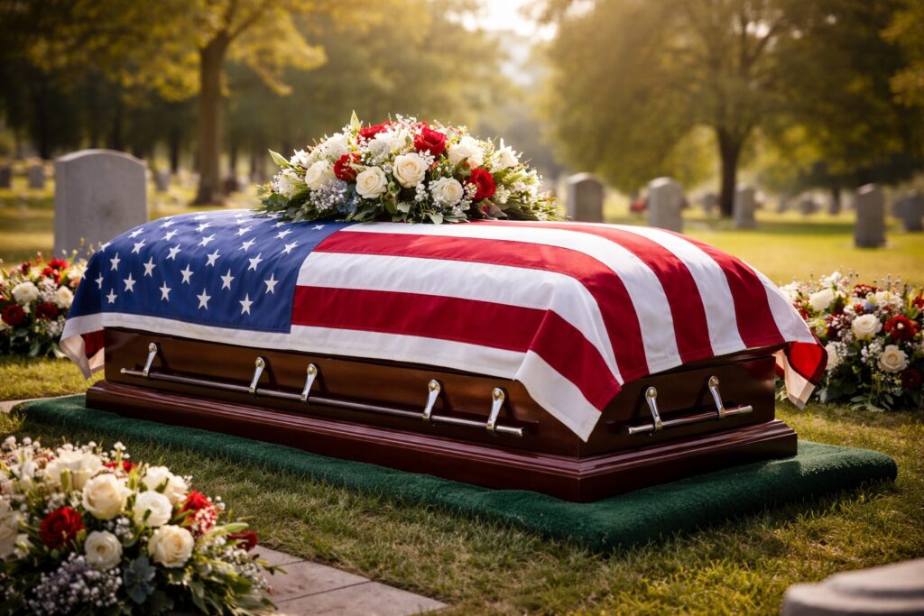 Casket at a funeral service illustrating final expense and burial costs in Portage, Michigan