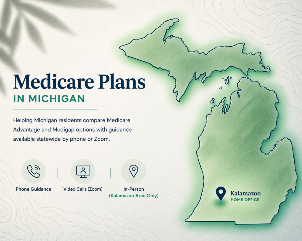 Medicare Plans in Michigan (Medicare Advantage vs Medigap Explained for 2026) 1 Medicare plans in Michigan map highlighting statewide service and Kalamazoo home office with phone and video consultations