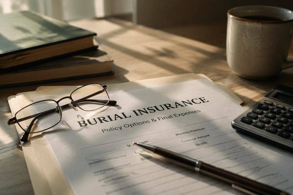 Burial insurance documents for seniors over 80 with glasses and calculator on a table