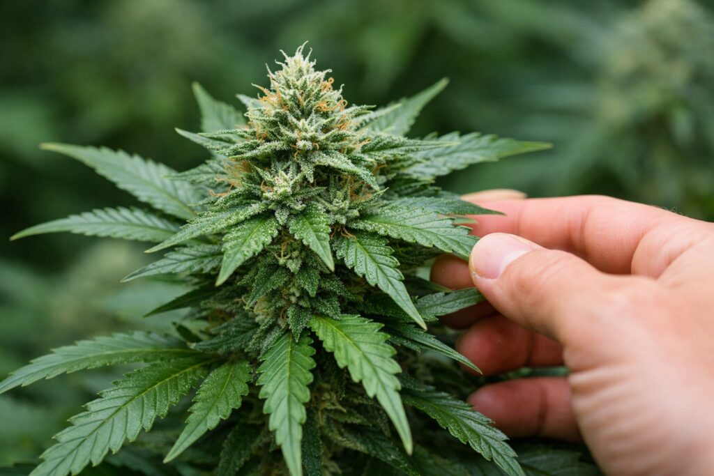Person examining a cannabis plant leaf, representing marijuana use and life insurance underwriting considerations