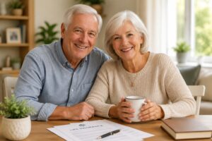Final Expense & Burial Insurance Coverage for Seniors 1 Elderly couple smiling together in a warm home setting while reviewing financial planning documents for final expense insurance coverage