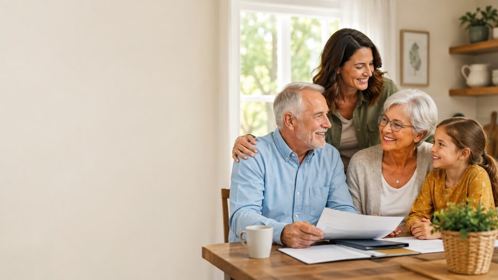 Final Expense Insurance in Michigan 1 Senior Michigan couple with their adult daughter and grandchild planning for their family's future with final expense insurance.
