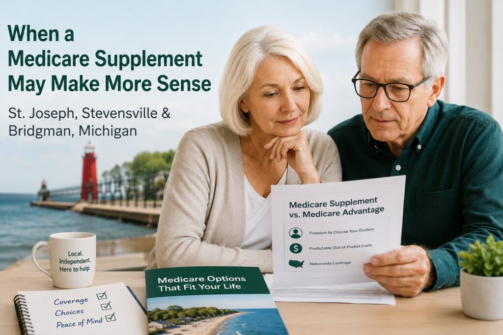 When a Medicare Supplement May Make More Sense in St. Joseph, Stevensville & Bridgman, MI 1 Senior couple comparing Medicare coverage options with the St. Joseph, Michigan lighthouse and lakefront in the background