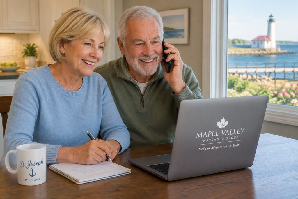 Independent Medicare Agents in St. Joseph, Stevensville & Lincoln Township, Michigan 1 Senior couple having a consultation on the phone with an advisor regarding their Medicare needs