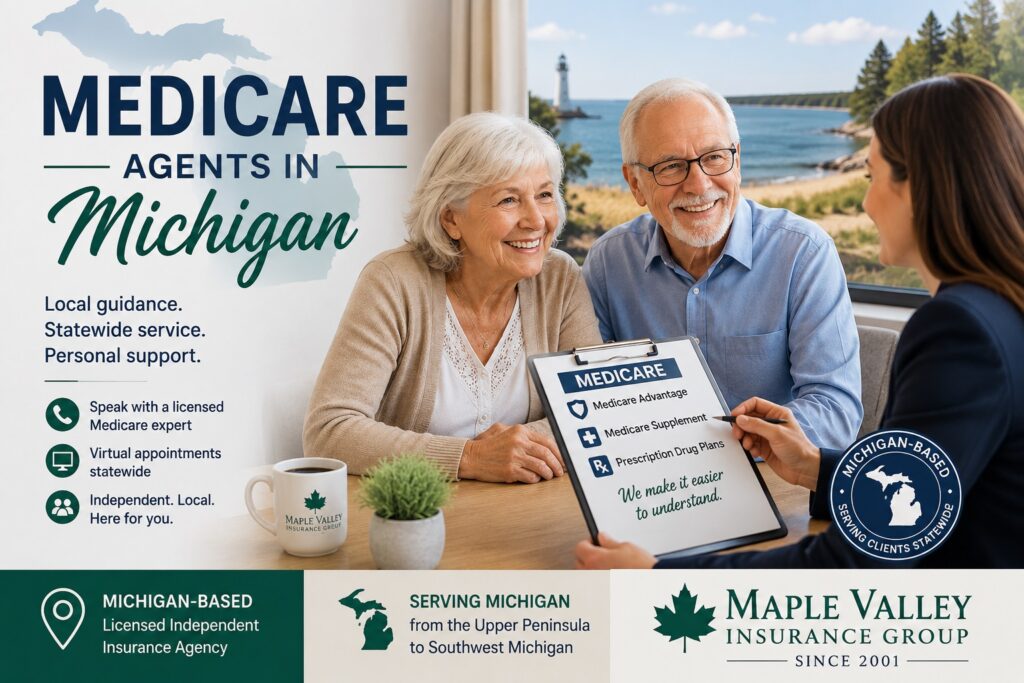 Medicare Insurance and Agents in Michigan 1 Senior couple meeting with a Michigan Medicare Agent to discuss their insurance needs.