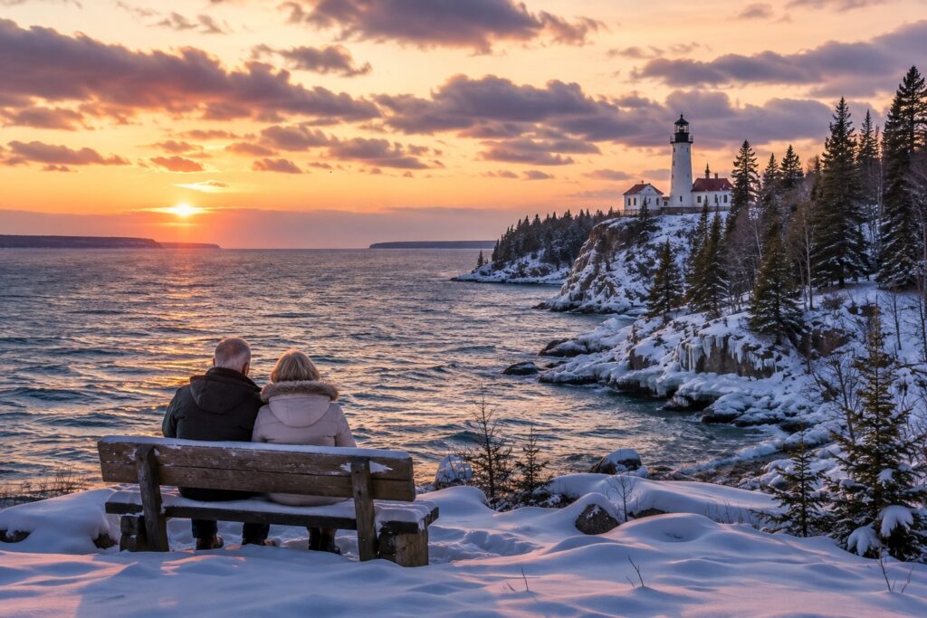 Older couple overlooking a snow-covered Lake Superior shoreline and lighthouse in Michigan’s Upper Peninsula