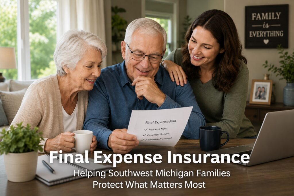 Final Expense Insurance in Southwest Michigan 1 Older couple discussing final expense life insurance with their adult daughter at home while talking on the phone