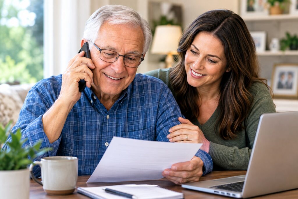 Final Expense Insurance in Dowagiac, Michigan 1 A senior and his smiling daughter talking to an insurance broker on the phone about final expense insurance protection