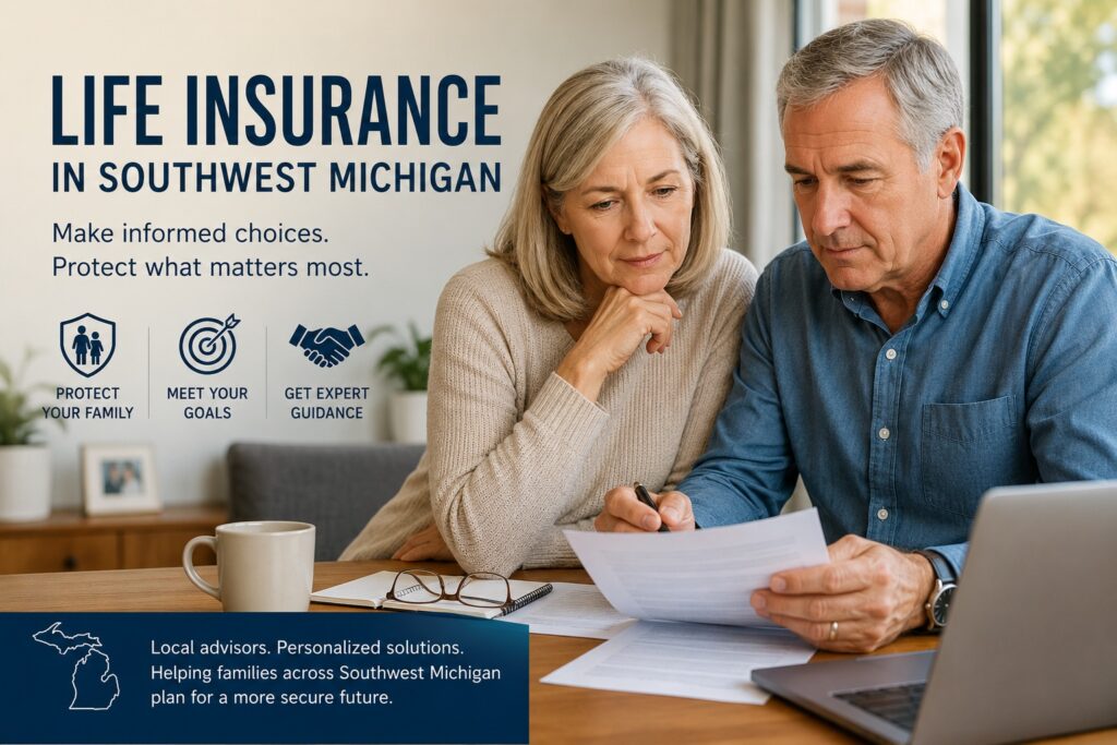 Life Insurance in Southwest Michigan 1 Couple reviewing life insurance documents together at home with guidance from an insurance professional, representing life insurance planning in Southwest Michigan.