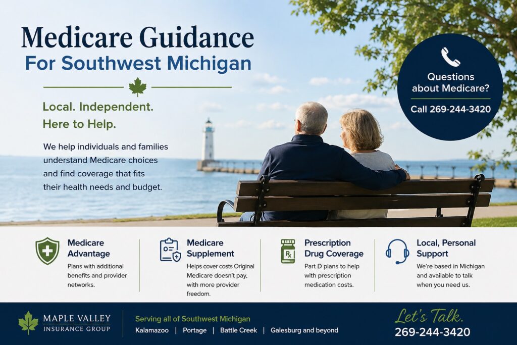 Licensed Medicare Agents Serving Southwest Michigan 1 Senior couple sitting together on a bench overlooking a Michigan lighthouse and lake
