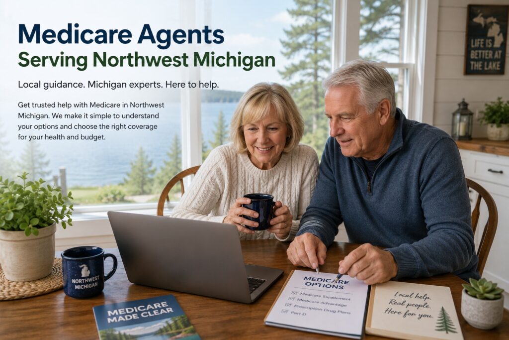 Older couple reviewing Medicare information on a laptop at home overlooking a Northwest Michigan lake.