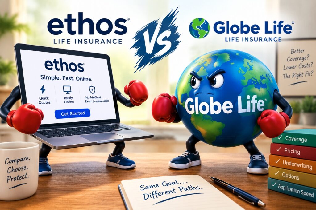 Ethos vs. Globe Life: A Life Insurance Decision Guide 1 Ethos vs. Globe Life illustrated as a friendly boxing match comparing life insurance options